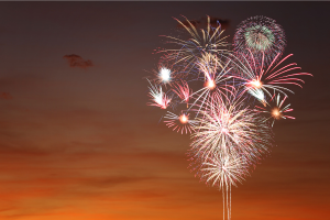 Fireworks light up the sky at dusk.