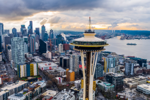 Aerial view of Seattle and the Space Needle.