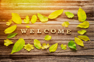 The word "Welcome" surrounded by greenish-yellow leaves on a wooden backdrop.