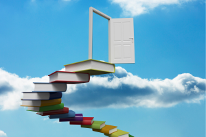 A staircase of books leads to an open door in the sky.