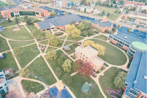 A birds eye view of a college campus with sepia overlay.