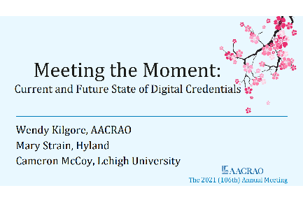 light sky blue background with Japanese cherry blossoms and the text "meeting the moment: current and future state of digital credentials" displayed 