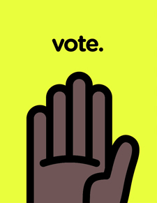 Illustrated hand of a person of color raised in the air with the word "vote" above it.