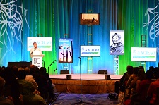 Photo of a stage decorated in blue and green colors.