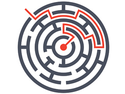 Circular maze with a path, highlighted in red, from the center to the outside.