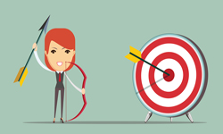 Illustrated red-headed figure shooting a bow and arrows at a target which already has one arrow in the bullseye.