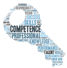 Word cloud in the shape of a key with words such as competence, professional, and knowledge standing out.