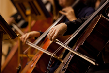 People playing the cello as part of an orchestra.