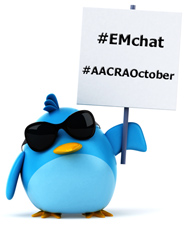 Blue animated bird wearing sunglasses while holding a sign that reads "#EMchat, #AACRAOctober."