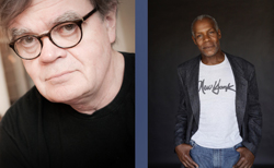 Headshot of Garrison Keillor on the left next to a photo of an unidentified male.