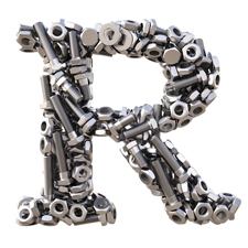 The letter 'R' made of nuts and bolts.