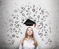 Female with a graduation cap floating above her head in addition to various icons and symbols.