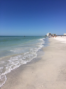 Photo of a beach on a perfectly clear day with blue skies.