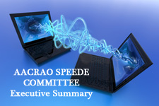 Two laptops with chaotic blue lines connecting their two screens and the following text off to one side; "AACRAO SPEEDE committee executive summary".